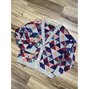VTG Eddie Bauer Wool Sweater Wm Med Multicolor Cardigan Patchwork 90s Geometric